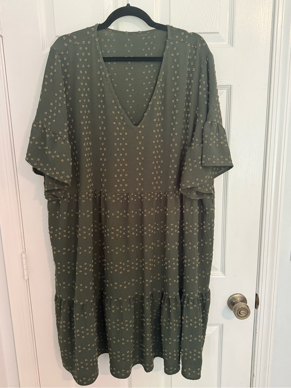 SHEIN Olive Green V-Neck Tiered Midi Dress with Dot Print
